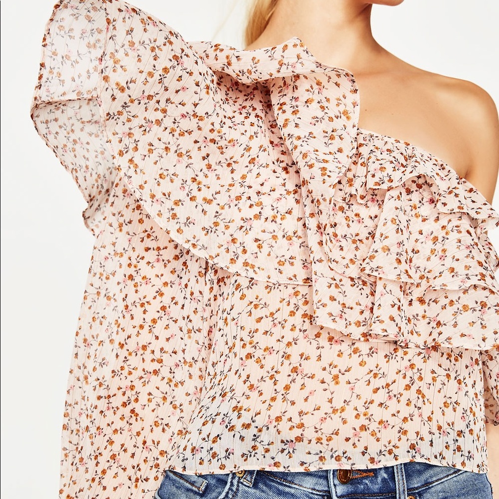 Zara Floral One Shoulder Ruffle Top